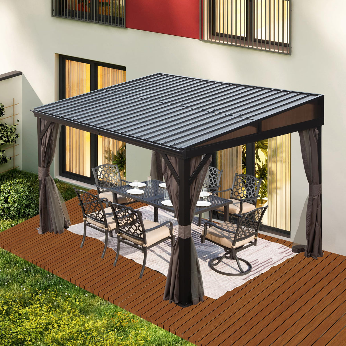 Domi 8x12FT Lean to Gazebo, Outdoor Hardtop Wall Mounted Gazebo with Sloping Galvanized Steel Roof, Aluminum Frame Mounted Gazebo with Netting and Curtain Included for Deck, Porch, Backyard domi outdoor living