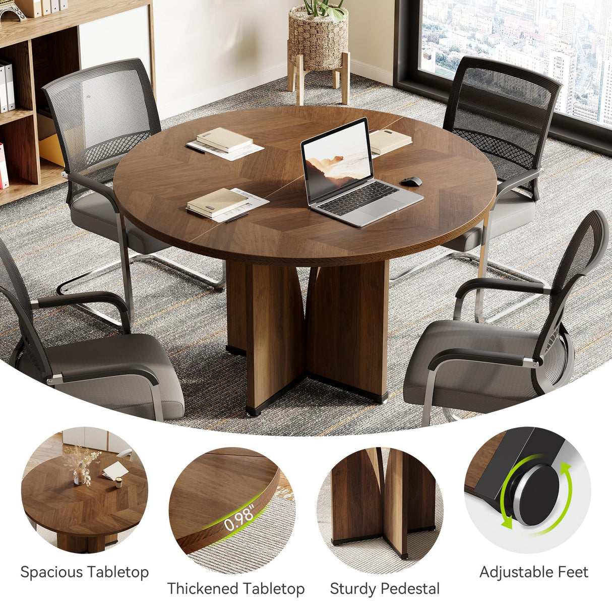 LITTLE TREE 39-Inch Small Conference Table for 4, Round Meeting Table with X-Shape Pedestal, for Office, Conference Room, Small Spaces, Dark Brown LITTLE TREE