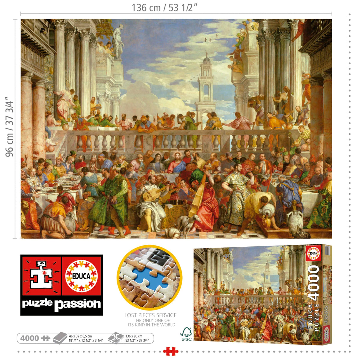 Educa - The Wedding at Cana, Paolo Veronese - 4000 Piece Jigsaw Puzzle - Puzzle Glue Included - Completed Image Measures 53.54"x 37.79" - Ages 14+ (19949) Educa