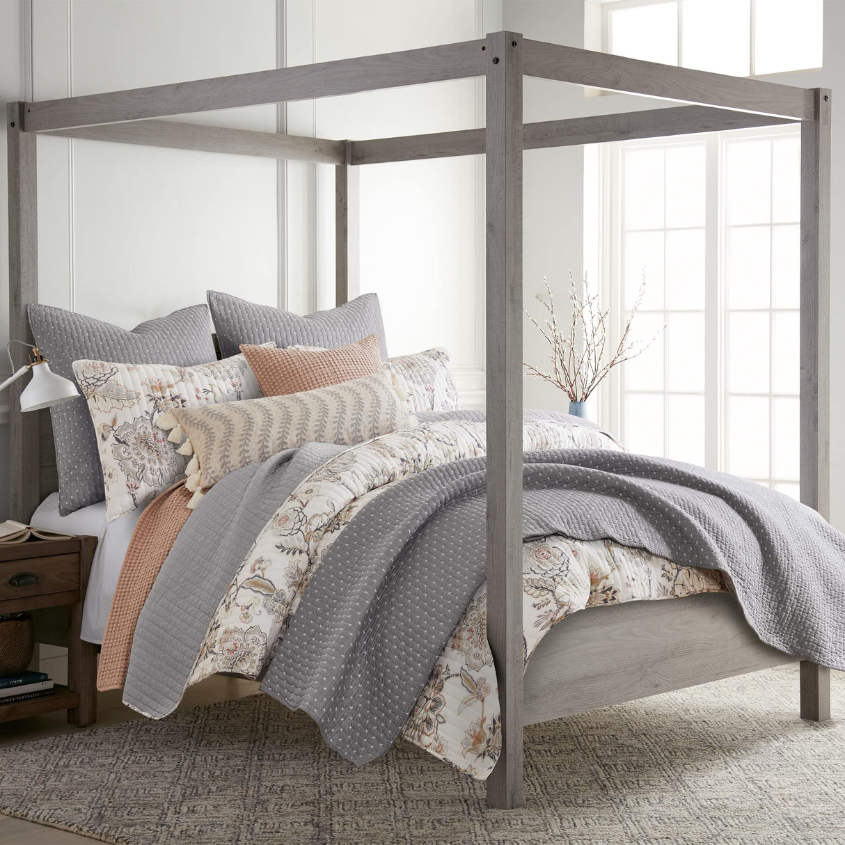 Levtex Home - Ophelia Quilt Set - King Quilt and Two King Shams - Floral - Taupe Grey Cream Blush - Quilt (106x92in.) and Shams (20x36in.) - Reversible - Rayon/Cotton Levtex Home