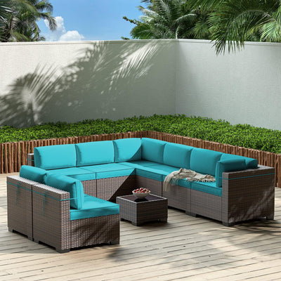 Gotland 9 Pieces Patio Furniture Set with 1 Coffee Table, Wicker Outdoor Sectional with 29.5'' High Backrest Waterproof Cushions, Conversation Sets in 4 Combinations for Deck Garden Pool Blue