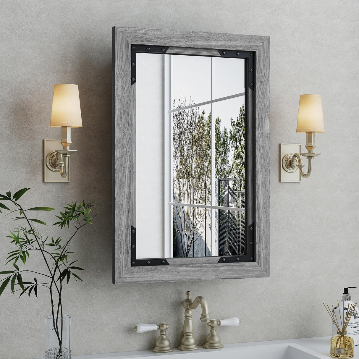 FLYJOE Medicine Cabinet Mirror 16 x 24 Inch Farmhouse Bathroom Mirror Door Solid Wood Storage Cabinet with Adjustable Shelves, Wall Mounted for Bathroom Living Room, Grey FLYJOE