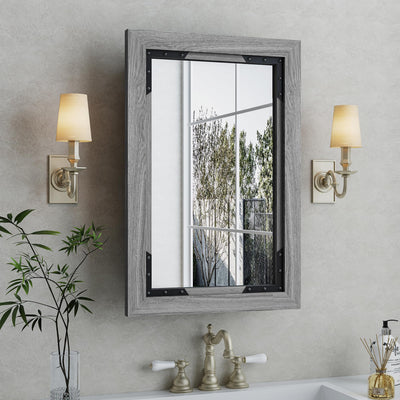 FLYJOE Medicine Cabinet Mirror 16 x 24 Inch Farmhouse Bathroom Mirror Door Solid Wood Storage Cabinet with Adjustable Shelves, Wall Mounted for Bathroom Living Room, Grey
