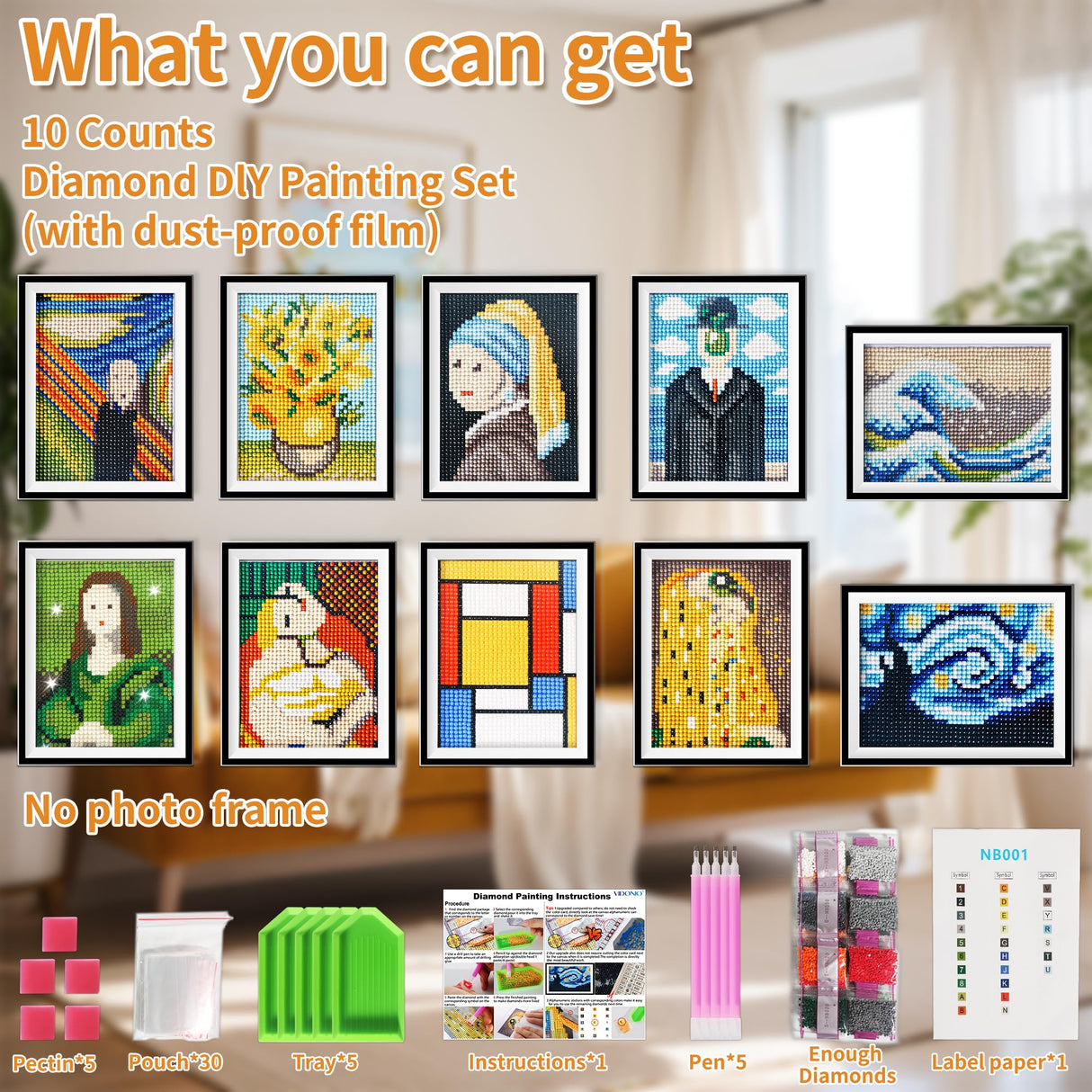 vidonio 10pcs Diamond Painting Kits,5D DIY Round Full Drill Diamond Painting Art Set of Famous Art Work Diamond Art Kits for Adults Beginners,Classical Art Diamond Kits for Home Wall Decor Gift vidonio