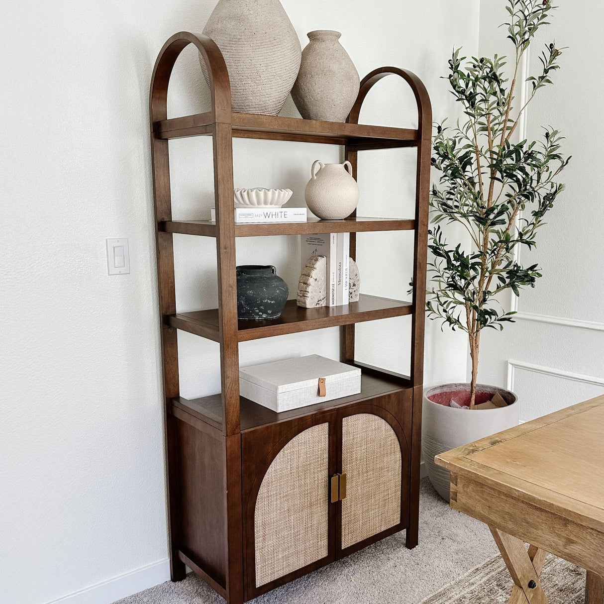 Nathan James Paxton Boho Arched Bookshelf Cabinet with Solid Wood Frame and Rattan Base, Dark Acacia, Set of 2 Nathan James