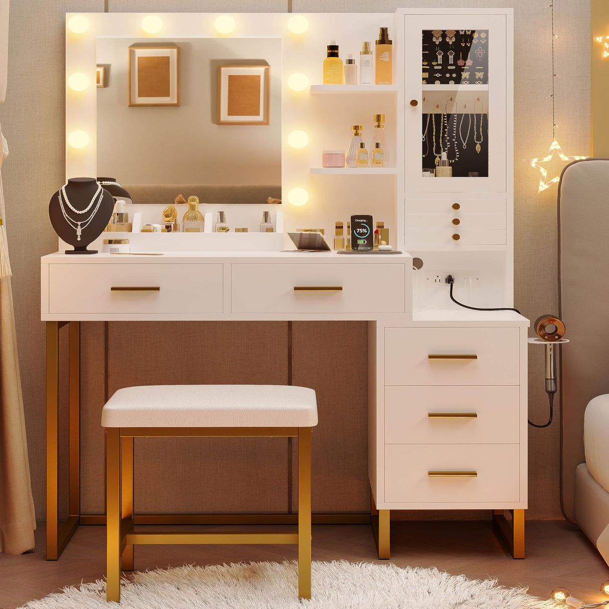 IRONCK Vanity Desk with Mirror and Lights, Makeup Vanity Table with 5 Drawers & Shelves, Power Outlet, Vanity Stool, Dressing Table with Jewelry Storage for Bedroom, White & Gold IRONCK