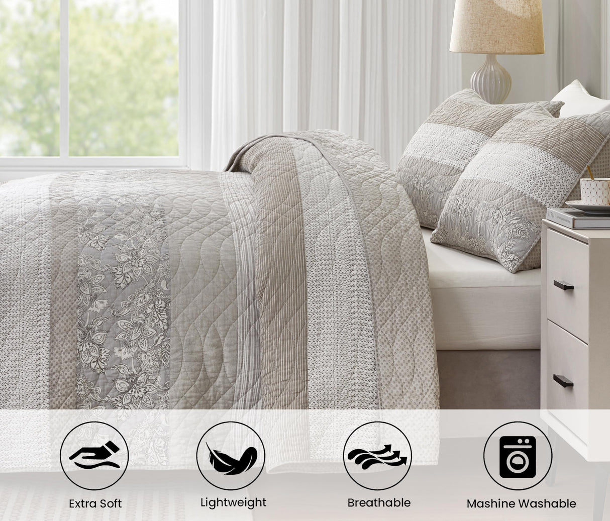 Chezmoi Collection Robyn 3-Piece Neutral Taupe Gray White Floral Hibiscus Flower Patchwork Striped Quilt Set - Pre-Washed Cotton Coverlet - Lightweight Reversible Bedspread, King Size Chezmoi Collection