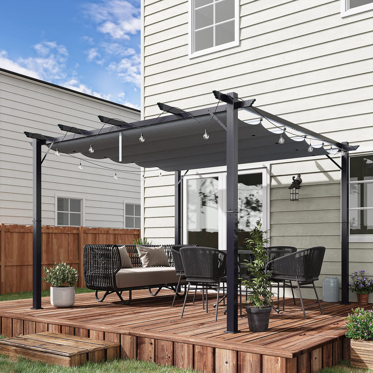 Outsunny 10' x 10' Aluminum Patio Pergola with Retractable Pergola Canopy, Backyard Shade Shelter for Porch, Outdoor Party, Garden, Grill Gazebo, Dark Gray Outsunny