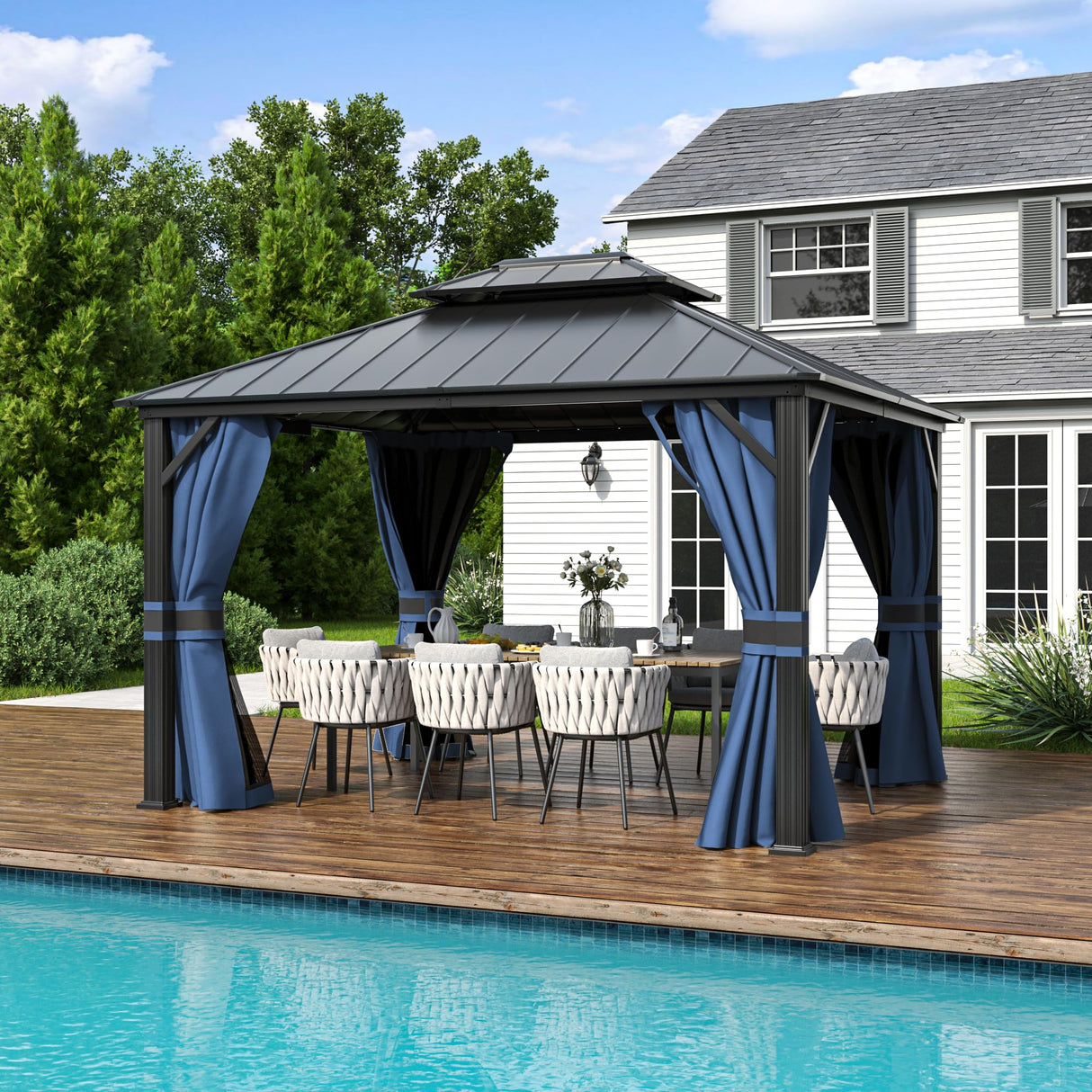 Amopatio 10' X 12' Hardtop Gazebo, Permanent Aluminum Gazebo with Galvanized Steel Double Roof, Outdoor Metal Gazebos with Curtain and Netting for Patio, Deck and Backyard, Blue Amopatio