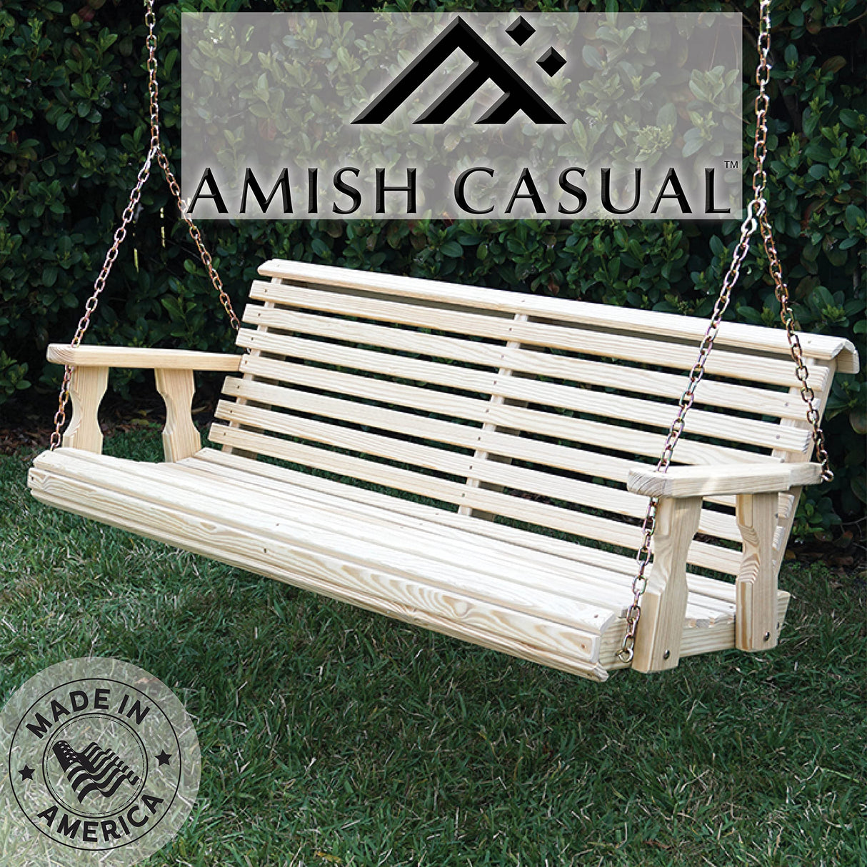 Amish Casual Heavy Duty 800 Lb Roll Back Treated Porch Swing with Hanging Chains (5 Foot, Unfinished) Amish Casual