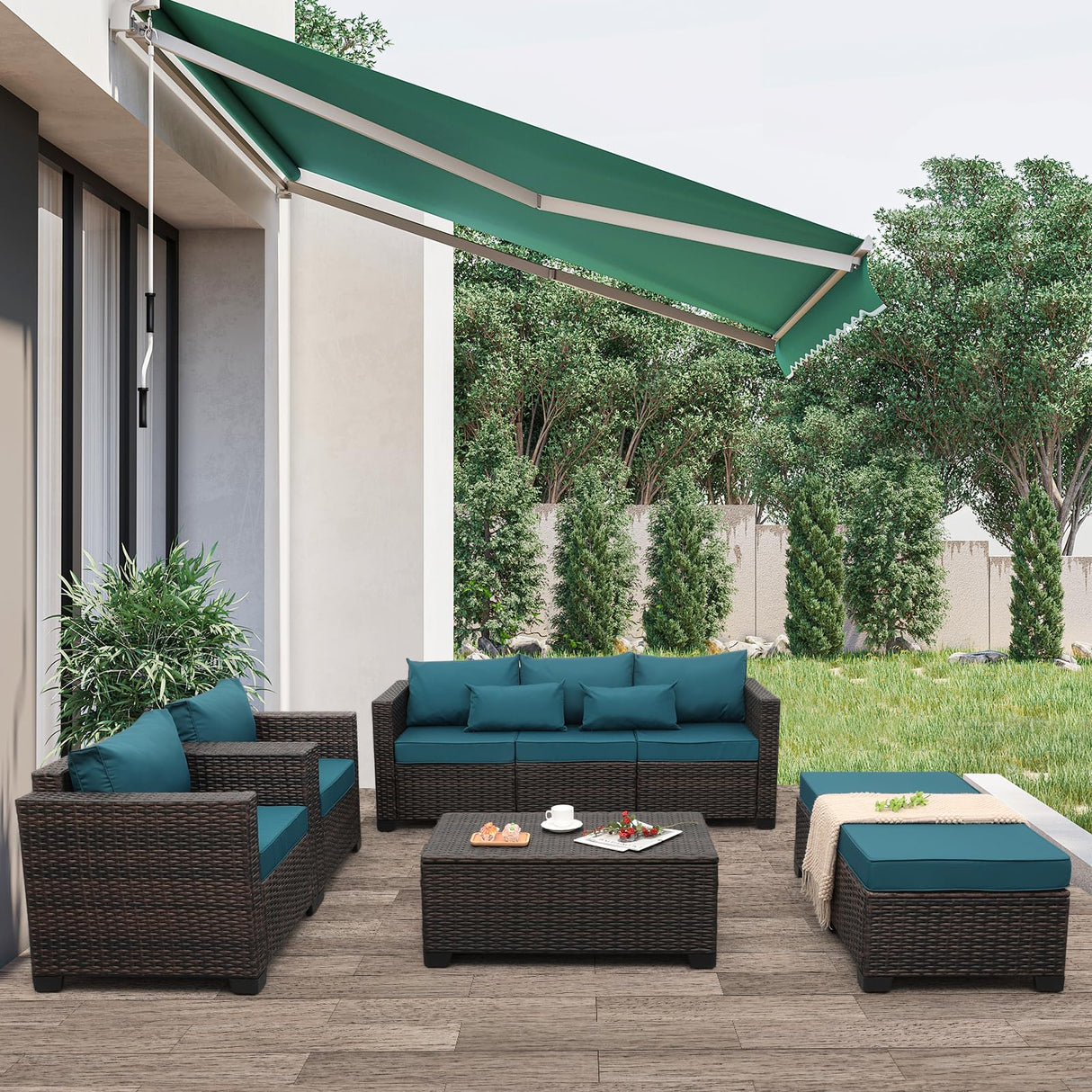 Valita 6 PCS Patio Furniture Set Outdoor Sectional Wicker Conversation Couch Brown Rattan Sofa Chairs with Ottoman Storage Table and Anti-Slip Cushions(Peacock Blue) Valita