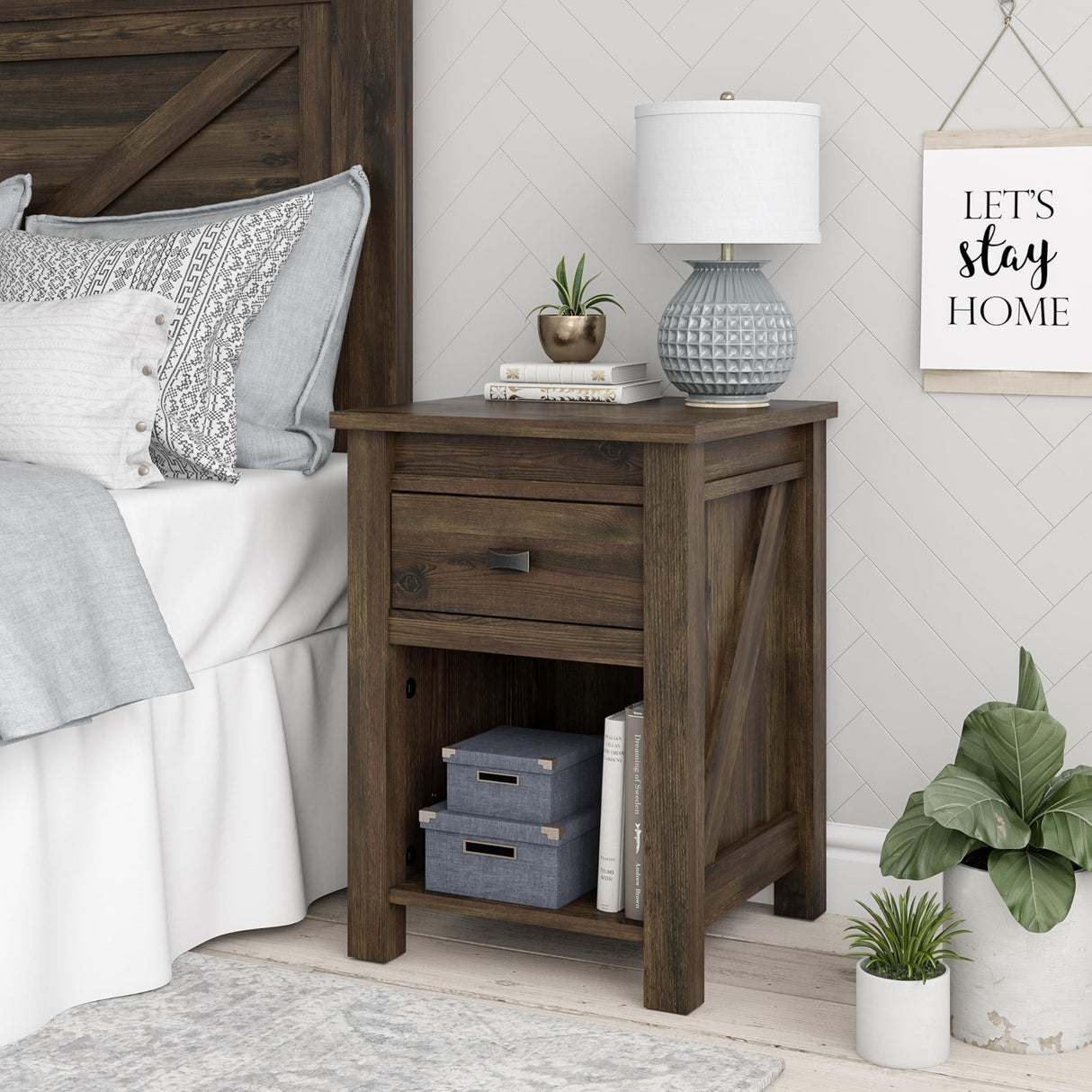 Ameriwood Home Farmington Country Style Nightstand with Barn Door Design, Concealed Drawer and Open Cubby, Textured Weathered Medium Brown Finish Ameriwood Home