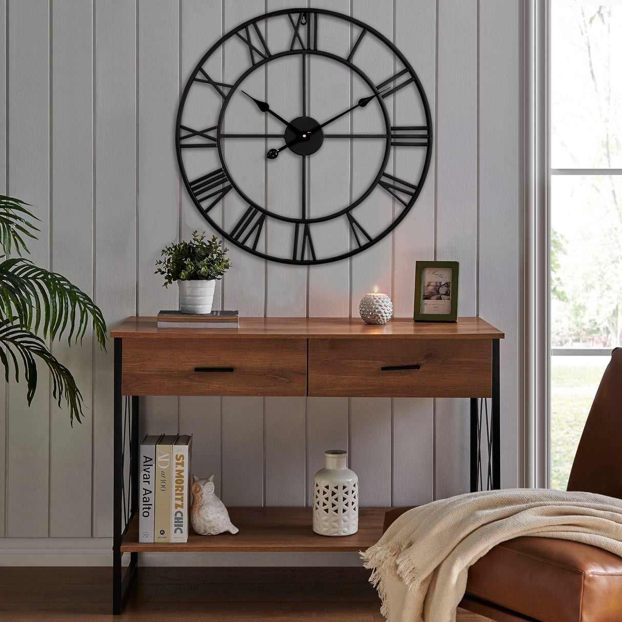 CLXEAST Silent 24 Inch Wall Clocks for Living Room Decor, Large Black Metal Roman Numeral Wall Clocks for Modern Farmhouse Home Decor,House Warming Gifts New Home CLXEAST