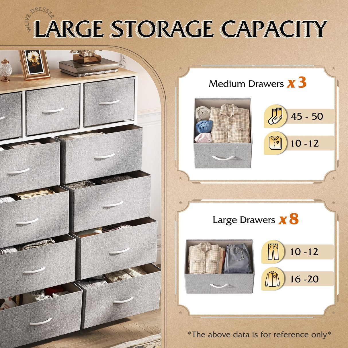 WLIVE Tall Dresser for Bedroom, Fabric Dresser Storage Tower, Dresser & Chest of Drawers Organizer Unit with 11 Drawers, Storage Cabinet, Hallway, Closets, Steel Frame, Wood Top WLIVE