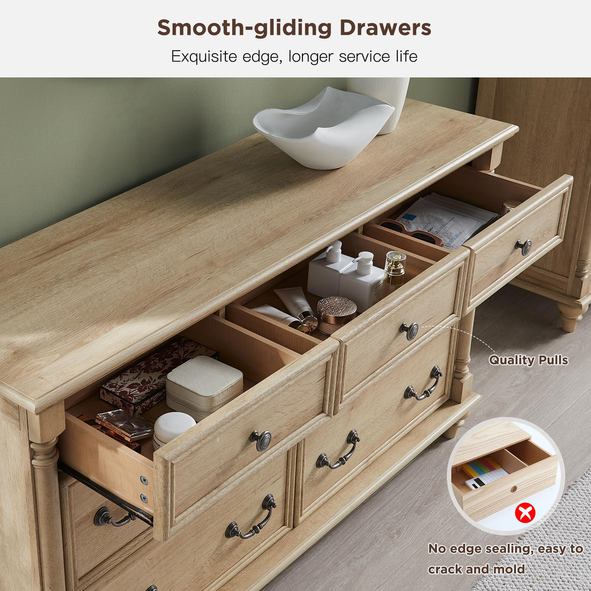 T4TREAM Farmhouse 7 Drawers Dresser Chests for Bedroom with 4 Solid Wood Feet, Tall Wide Wood Country Rustic Chest of Drawers, Storage Dressers for Bedroom, Living Room,Natural Oak T4TREAM