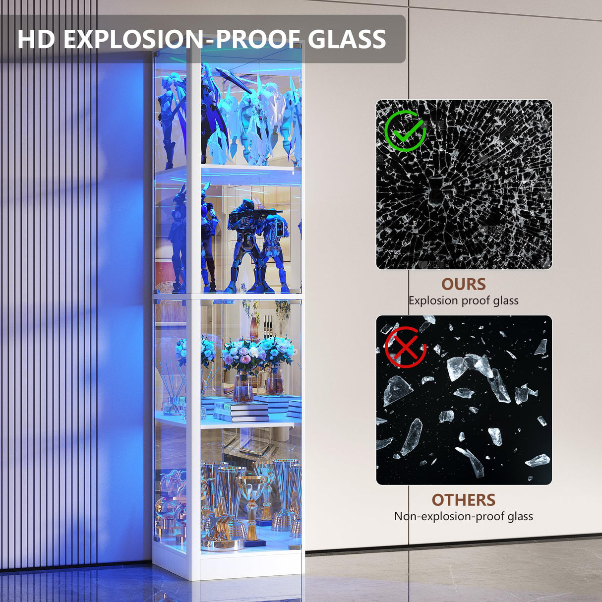 Corner Display Cabinet with Glass Doors, 68" Display Case with LED Lights, 4-TierCurio Cabinets for Collectibles/Toys/Books, Mirrored Storage Cabinet, White Dystler