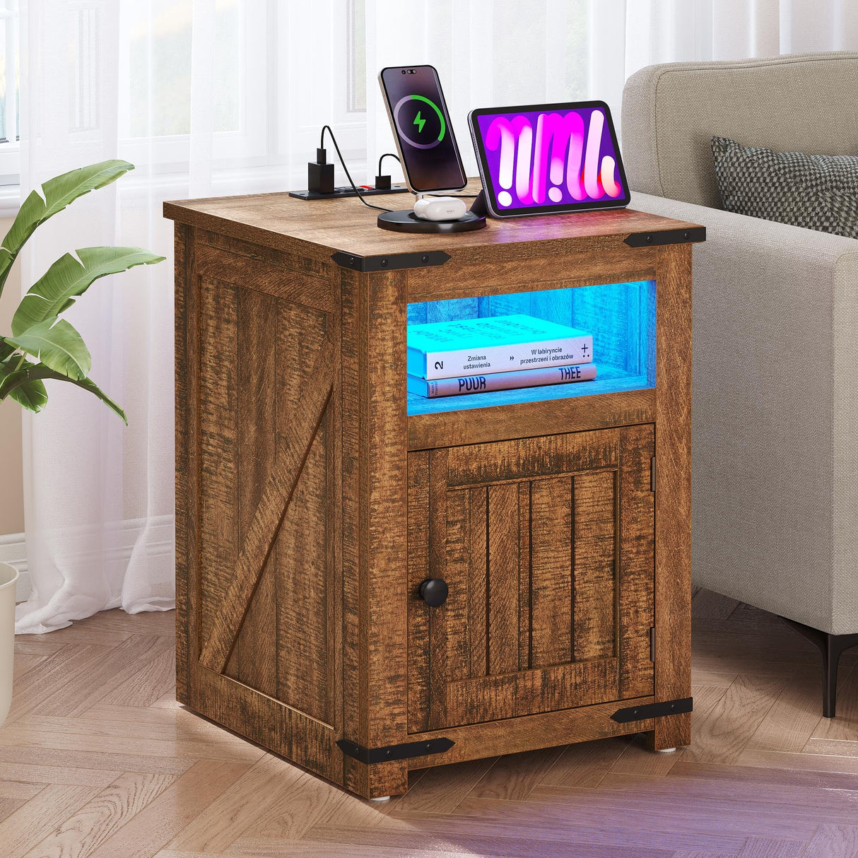 YITAHOME Farmhouse End Table with Charging Station, Nightstand Side Table Coffee Table with LED Lights Adjustable Shelf, Living Room End Table with Storage, Brown YITAHOME