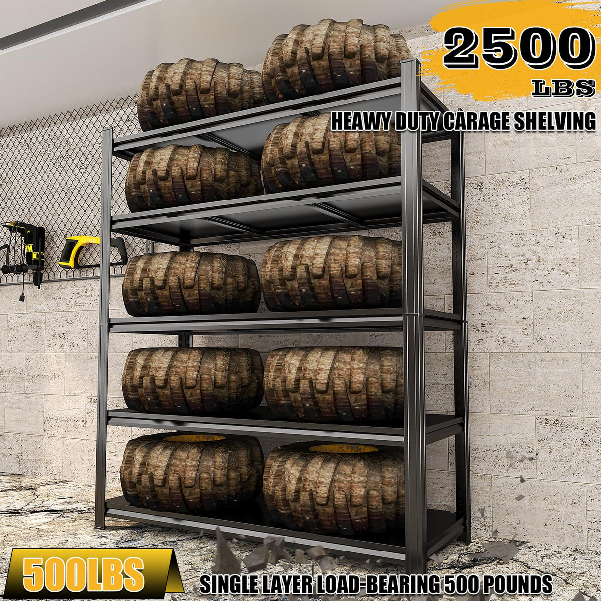 47.3"W Garage Shelving Heavy Duty, 2500 LBS Capacity Industrial Shelving Units, Standing Shelf Storage, Detachable and Adjustable 5 Tier Metal Shelves for Warehouse, Basement, Pantry Closet, Black Bezuny