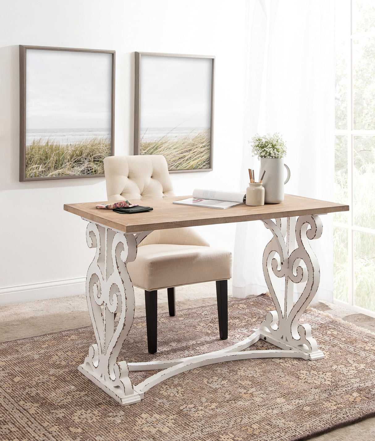 Kate and Laurel Wyldwood Farmhouse Wooden Desk, 46 x 24 x 30, Brown and White, Rustic Carved Wood Computer Desk for Functional and Stylish Home Office Decor Kate and Laurel