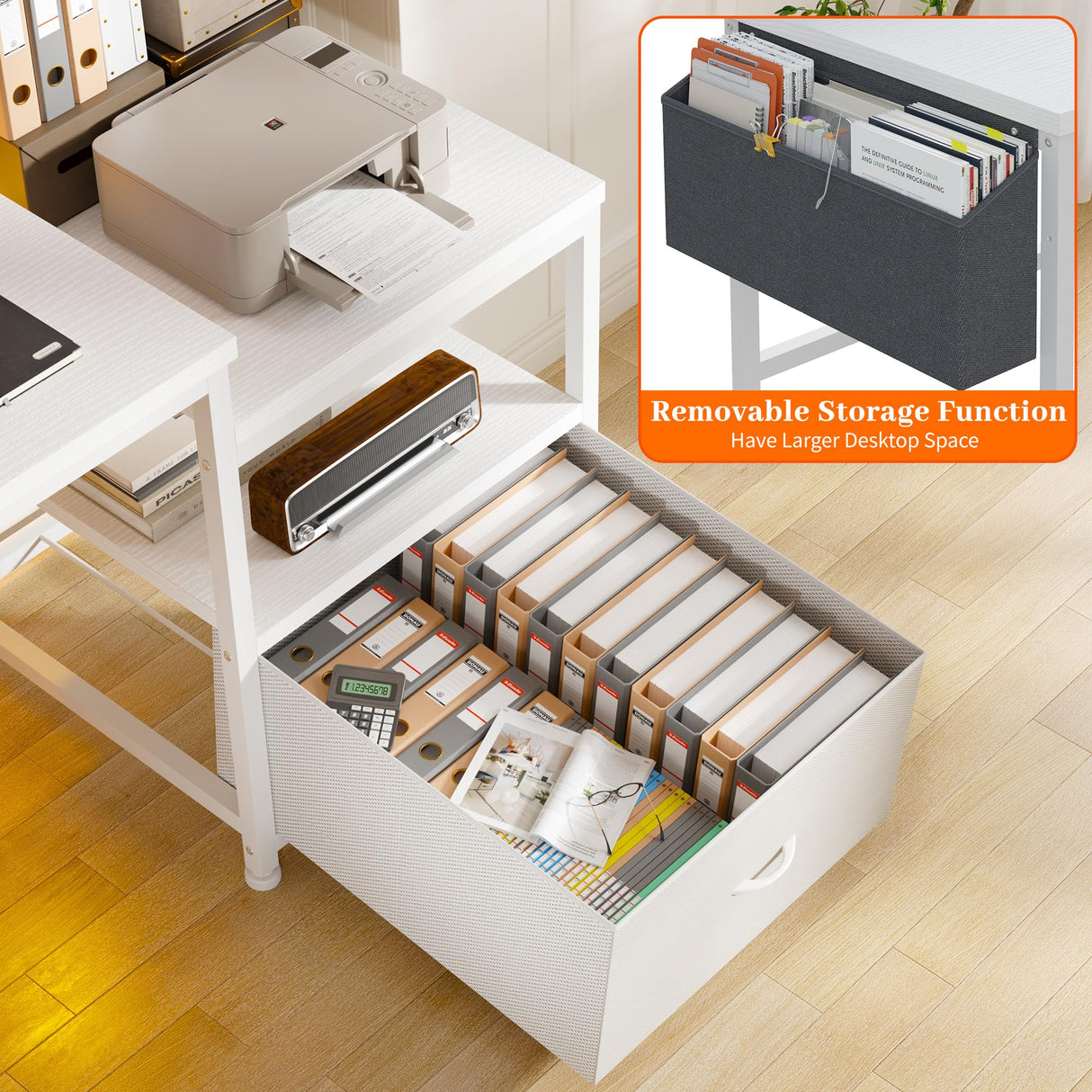 EnHomee 56.5" White Desk with Power Outlets,Study Writing Home Office Desks with File Drawers Cabinet, Computer Desk with Shelves Monitor Stand,Desk with Drawers and Printer Space,White EnHomee