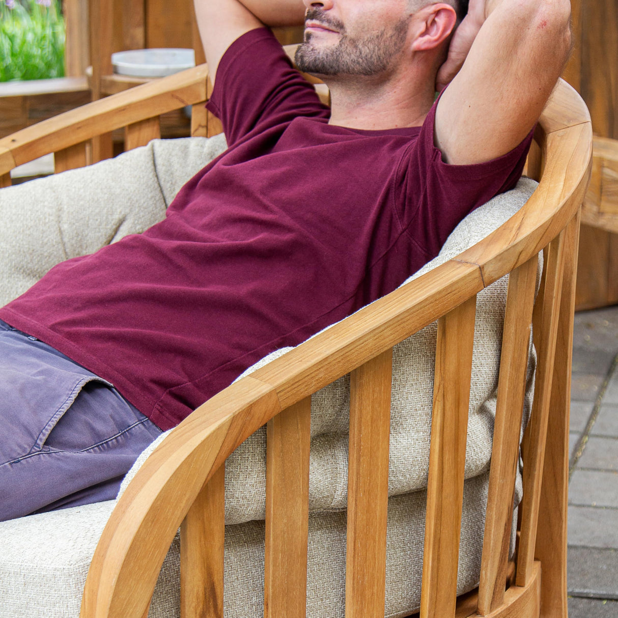 Cambridge Casual Barnese Wood Oversized Patio Lounge Chair, Natural Teak/Tan Cushion Cambridge Casual