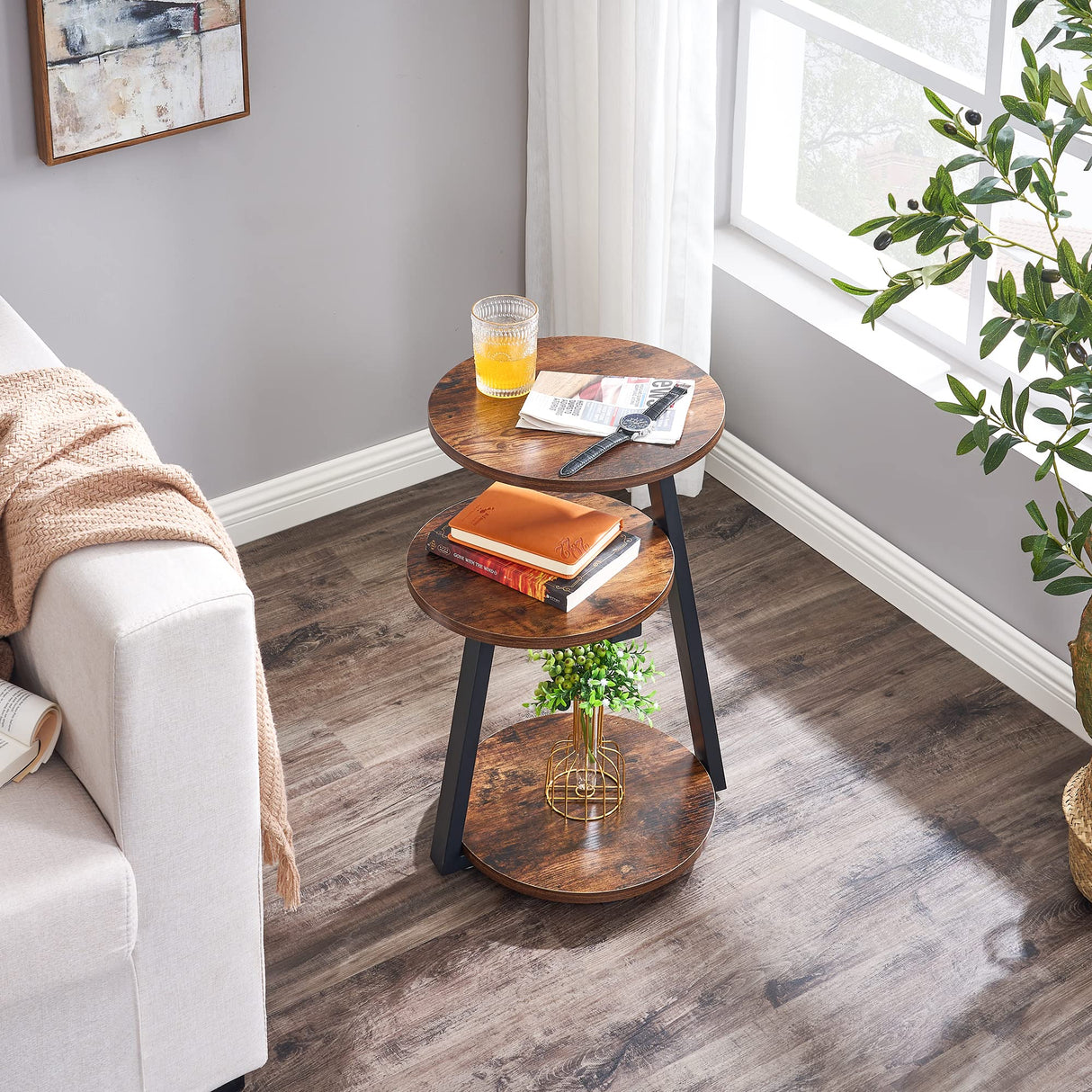 BEWISHOME Round End Table Side Table with Metal Frame, Accent Table Nightstand Bedside Table with 3-Tier Shelves for Living Room Bedroom Couch Small Coffee Table Rustic Brown KTZ41Z BEWISHOME