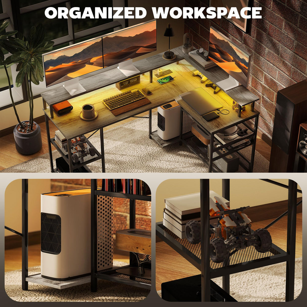 HOMCOM L Shaped Desk with LED Lights and Power Outlets, 59" Gaming Desk with Monitor Stand and Storage Shelves, Corner Computer Desk for Home Office, Small Space, Distressed Gray HOMCOM