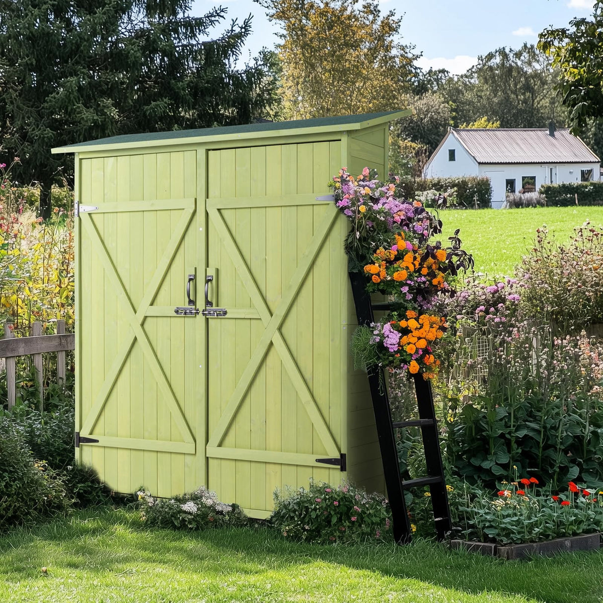 VINGLI Upgraded Outdoor Wooden Storage Shed, Extra Large Garden Shed Outside Tool Cabinet with 2 Safety Latches, Patio Storage Organizer for Garden Yard Lawn Equipment, Light Green VINGLI