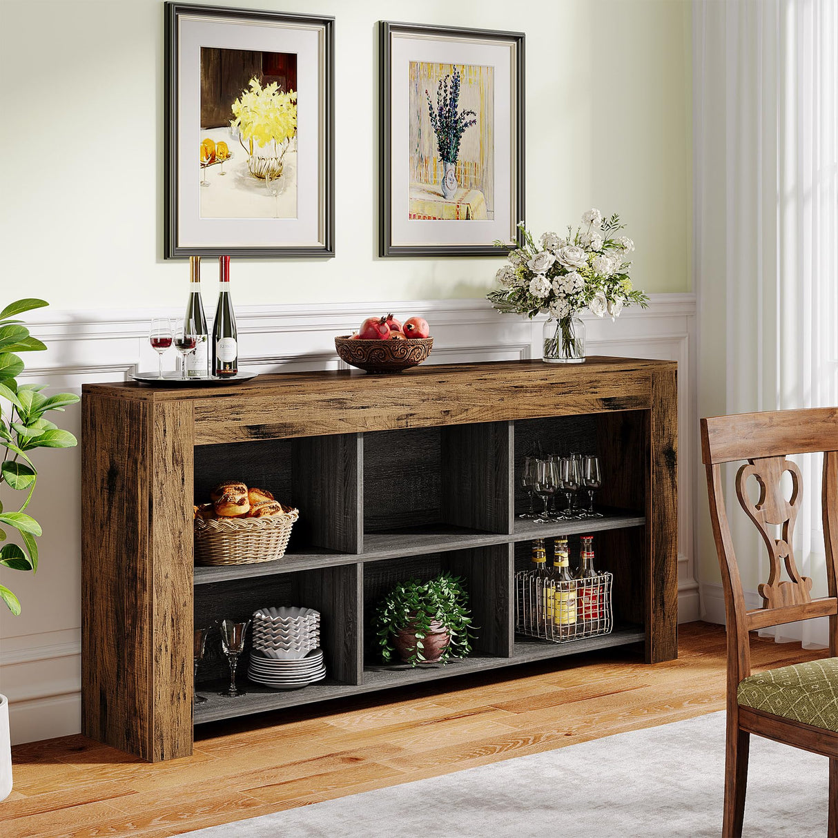 Tribesigns 63-Inch Long Console Table, Rustic Wood Entryway Table with 6 Storage Cubes, Industrial Narrow Sofa Table Behind Couch Table for Living Room, Hallway Tribesigns