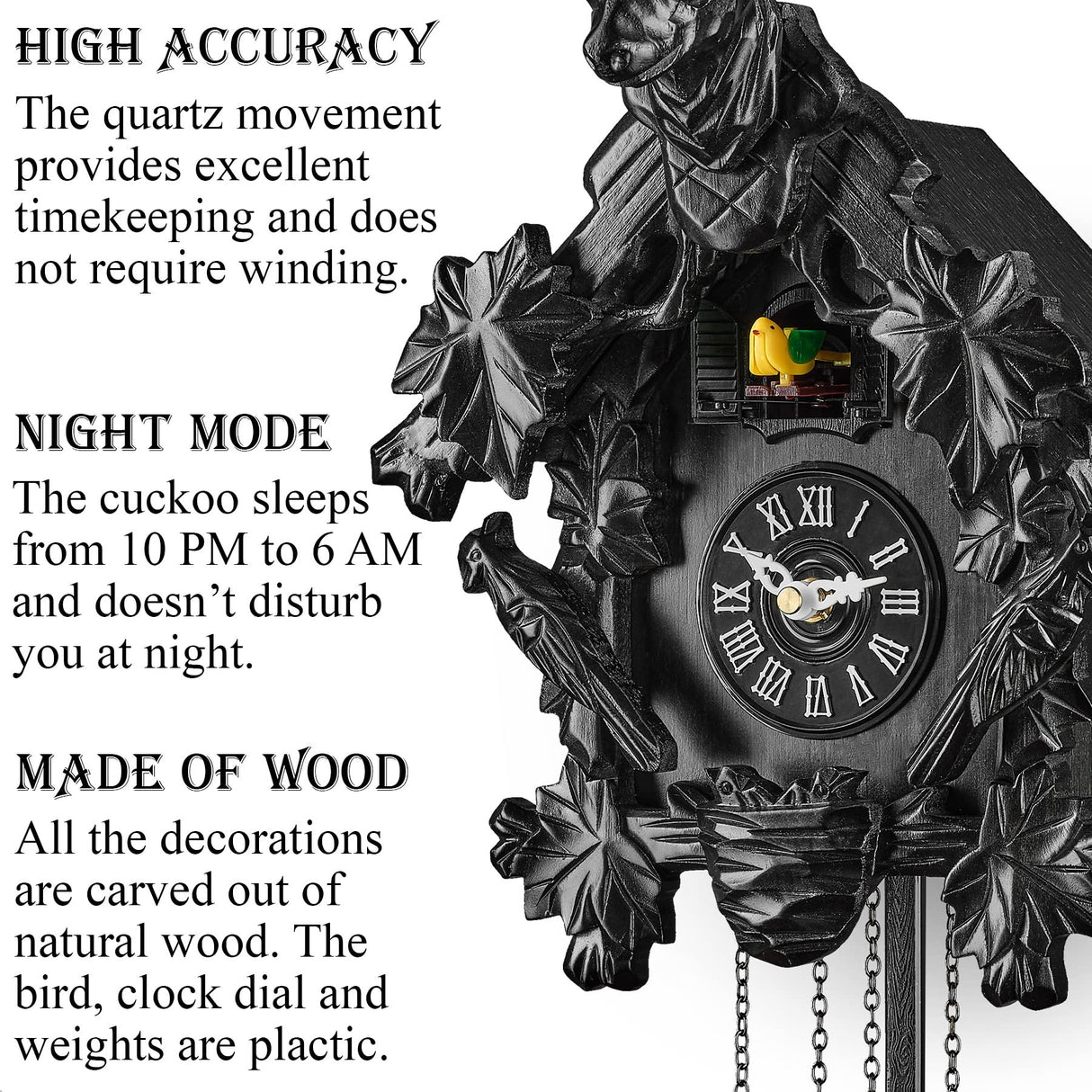 TIMEGEAR Cuckoo Clock with Automatic Night Mode, Quartz Movement and Carved Deer Head (Black) TIMEGEAR