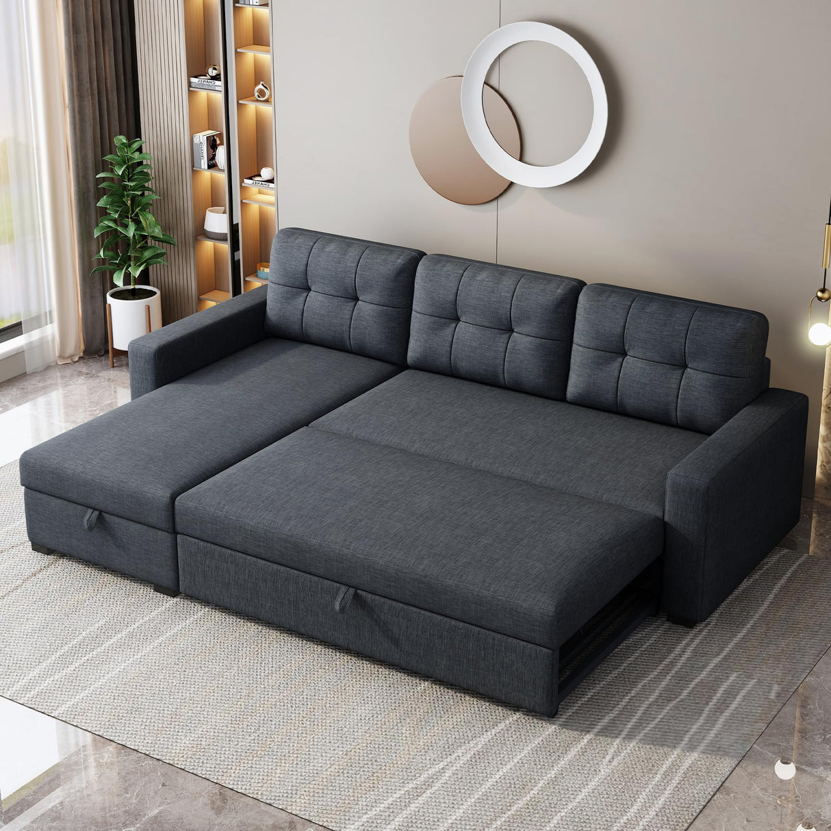 ACQCA 81.5" Sectional Sleeper Sofa with Storage Chaise and Pull-Out Bed,L Shape Convertible Couch with 3 Removable Back Cushions for Living Room,Apartment,Office,Dark Grey ACQCA