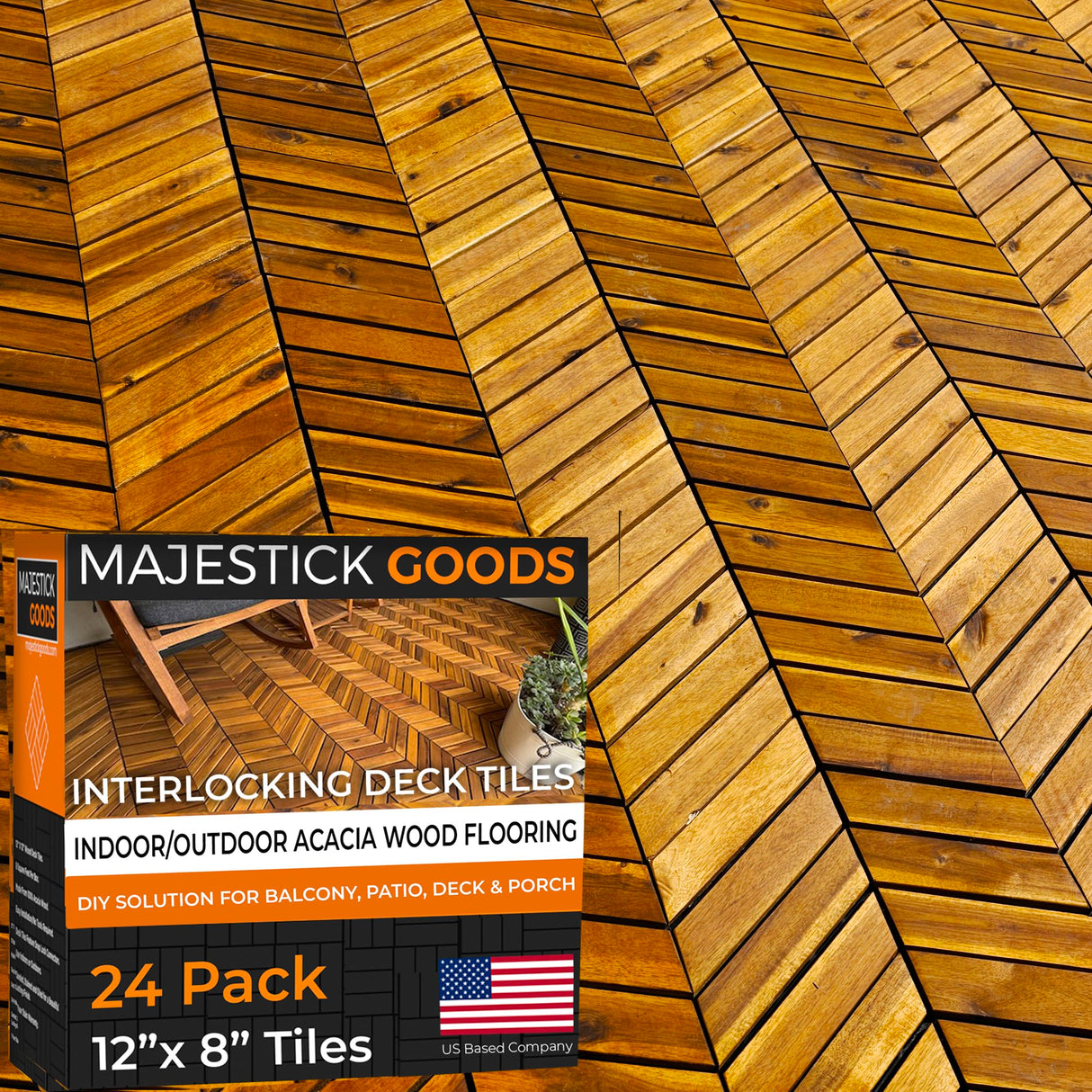 Interlocking Deck Tiles 12" x 9" Herringbone 18 Sq Ft - Non-Slip Acacia Wood Outdoor Tiles for Patio - Decking, Porch and Balcony Flooring Tiles - Easy to Install Wooden Deck Tile Pavers (24 Pack) Majestick Goods