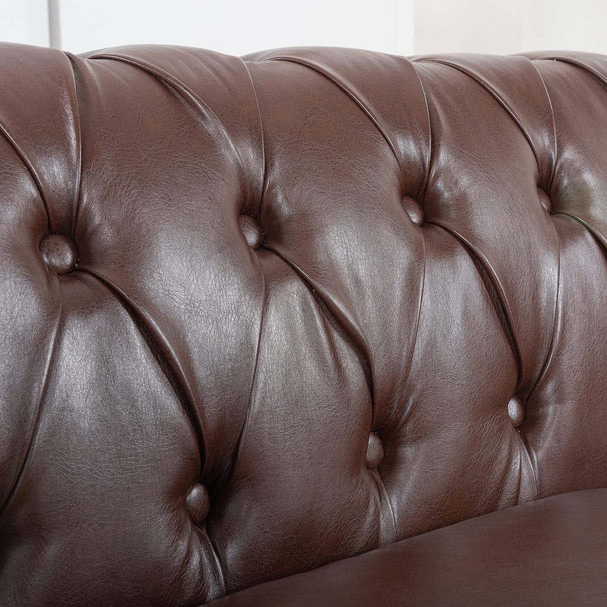 CLUBKNIGHT Modern Chesterfield Sofa Three Seater Couch,Faux Leather Couch with Rolled Arms,Comfy Couches for Living Room,Office,Reception Room(Brown) CLUBKNIGHT