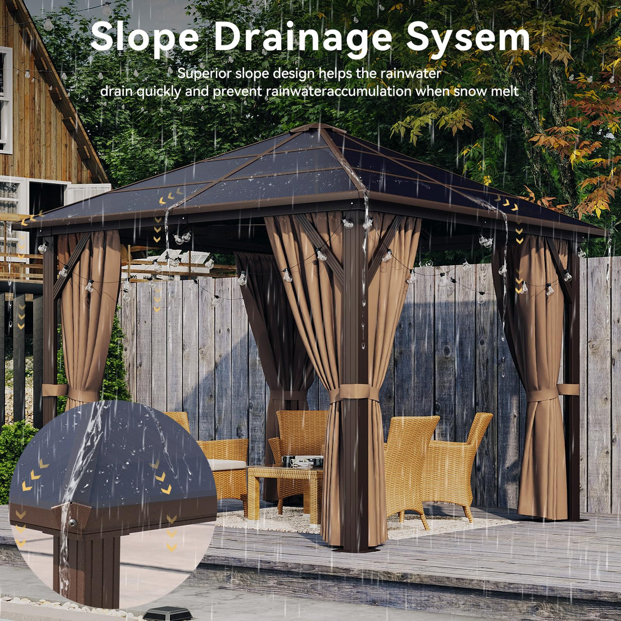 Aoxun 10' x 10' Gazebo Single Polycarbonate Top, Outdoor Polycarbonate Frame Permanent Pergolas with Curtains and Netting, for Patios, Parties, Backyards, Gardens and Lawns Aoxun