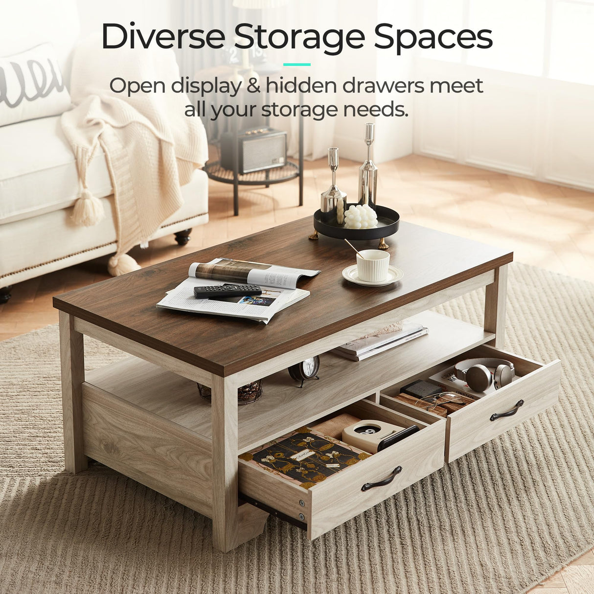 LINSY HOME Farmhouse Coffee Table Sets 3 Pieces, Wood Living Room Table Set Include 41" Coffee Table, End Table Set of 2, Washed White LINSY HOME