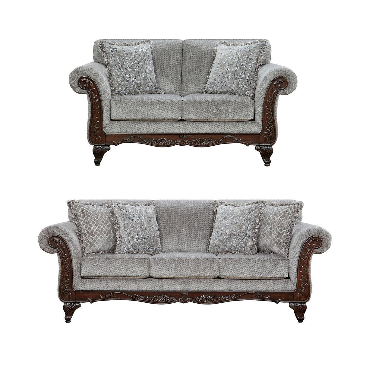 Roundhill Furniture Hernen Carved Wood Frame Sofa and Loveseat Set, Gray Roundhill Furniture