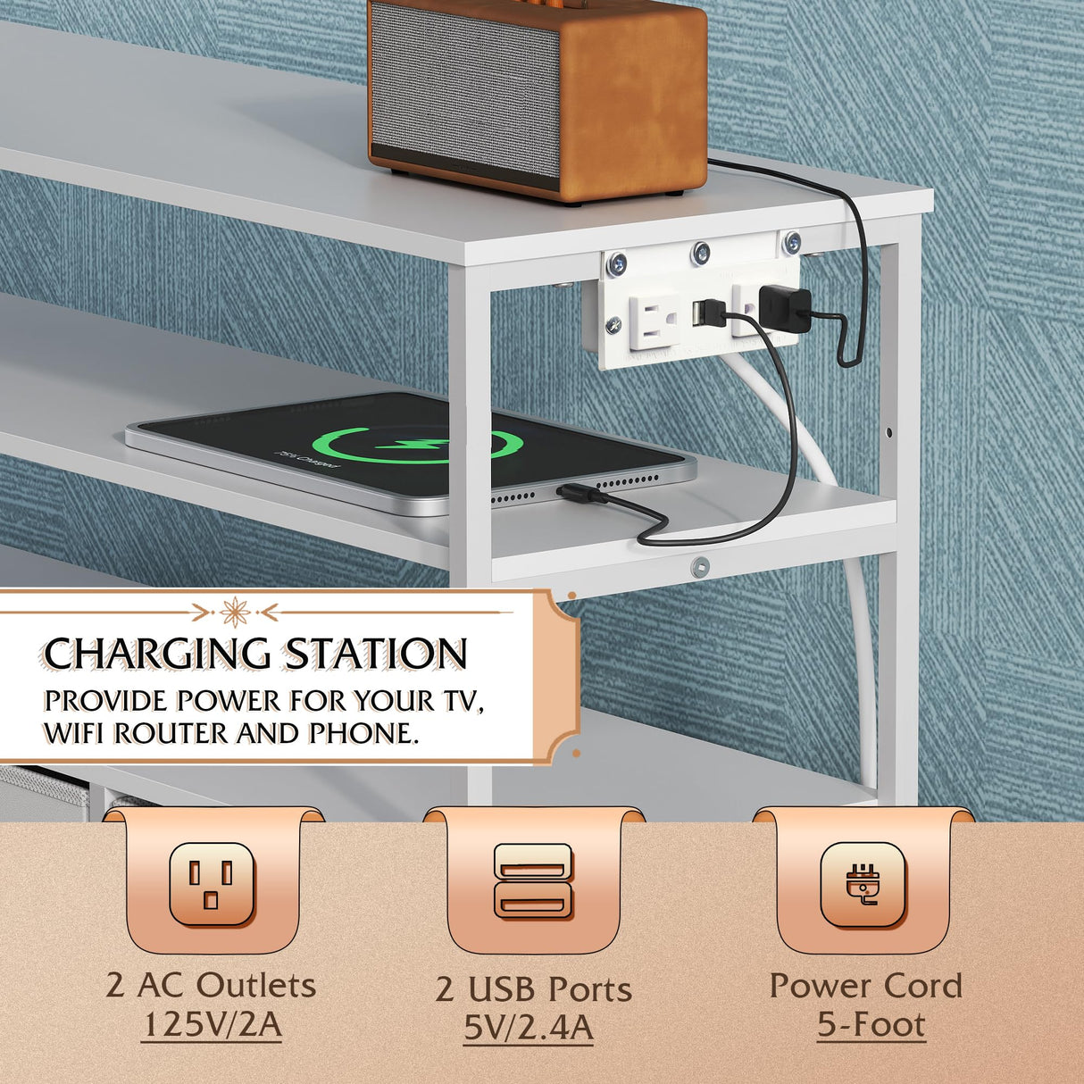 WLIVE Led Dresser for Bedroom, White Dresser TV Stand for Bedroom with LED Lights and Power Outlet, Wide Chest of Drawers with Open Shelves for Entryway, 6 Fabric Drawers and Wood Top for Living Room WLIVE