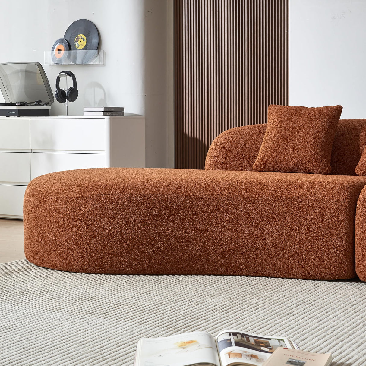 BAMOOLI 119'' Curved Sofa Couch, Mid Century Modern Half Moon Living Room Sofa, Luxury 4-Seat Sofa Couch with High-Density Foam Filled, Sherpa Lamb Fabric Sectional Sofa for Apartment, Office, Orange BAMOOLI