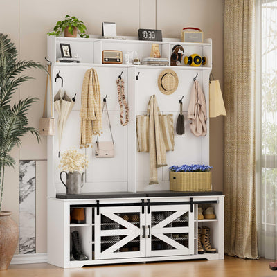 SDMY Farmhouse Entryway Bench, Mudroom Storage Cabinet with Coat Rack, Hall Tree Entryway Storage Bench with 16 Shoe Cubbies & 12 Coat Hooks, 59" Wide Hall Tree with Shoe Storage Bench, White