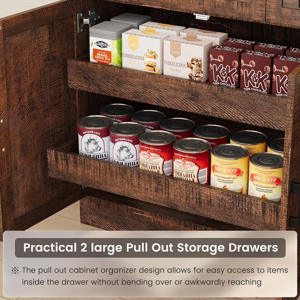 ELYKEN 71" Tall Ktchen Pantry Cabinet with Charging Station & LED Lights, Farmhouse Kitchen Hutch Cabinet with Microwave Stand & Large Countertop for Dining Room Living Room, Brown ELYKEN