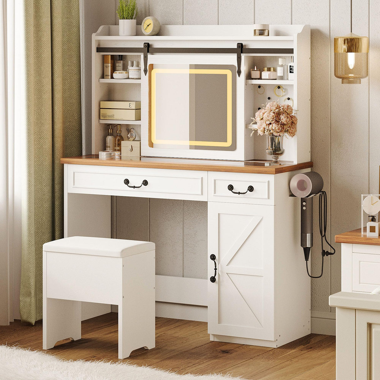 IRONCK Farmhouse Makeup Vanity Desk with Sliding Mirror and Lights,41" W Vanity Desk with Glass Tabletop&Charging Station &Drawers, Rustic Big Vanity Set for Bedroom, Stool Included, White/Walnut IRONCK