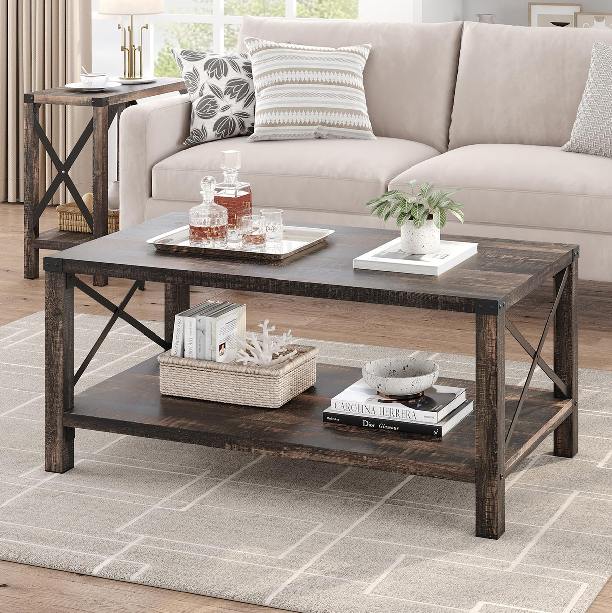 IDEALHOUSE Farmhouse Coffee Table 2-Tier Rustic Center Table Living Room Rectangle Cocktail Table Vintage Wood Look Tea Table with Shelf and X Metal Frame, Easy Assembly IDEALHOUSE