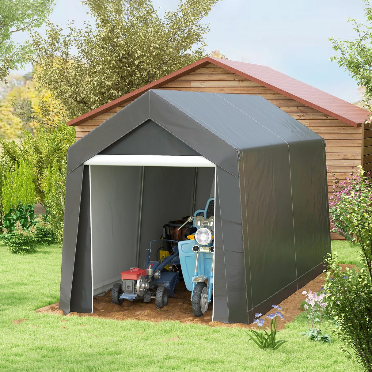 Outsunny 7' x 12' Garden Storage Tent, Heavy Duty Outdoor Shed, Waterproof Portable Shed Storage Shelter with Ventilation Window and Large Door for Bike, Motorcycle, Garden Tools, Gray Outsunny