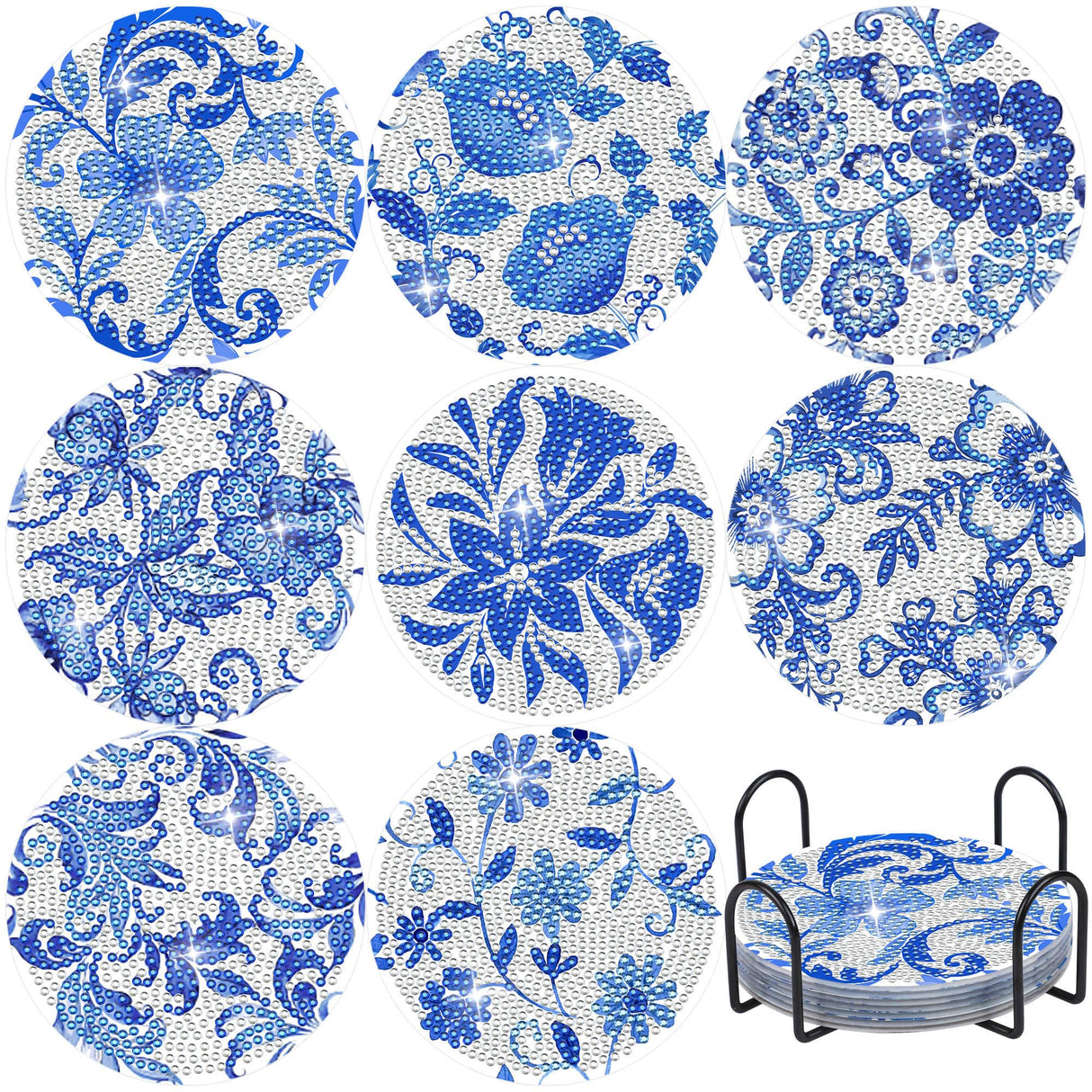 Diamond Art Coaster Blue Flower Diamond Painting Kits 5D DIY Acrylic Diamond Coasters with Cork Base and Holder for Adults DIY Craft, 8 PCS Augisteen