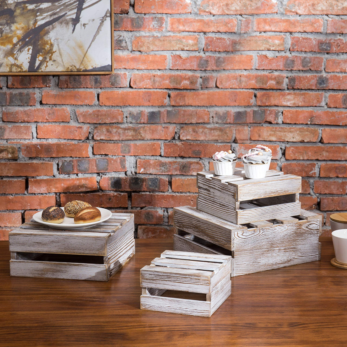 MyGift Whitewashed Wood Cupcake Stands, Decorative Dessert or Appetizer Risers, Wooden Nesting Storage Crates, Set of 4 MyGift
