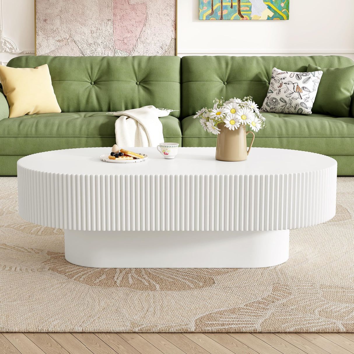 Merax Modern 43.3" W Oval Coffee Table with Sturdy Base, Wood Center Tables for Living Room Reception Room, Easy Assemble, White Merax