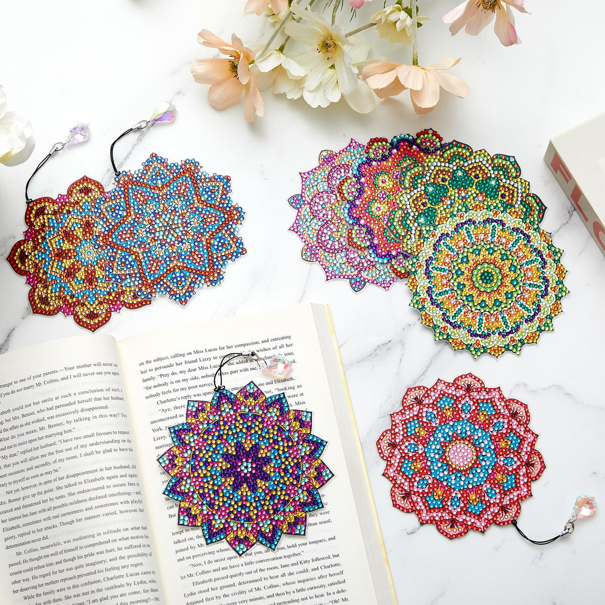 Yeaqee 8 Pcs Diamond Art Bookmarks Mandala Diamond Painting Art Kits for Adults Book Lovers DIY Acrylic Crystal Pendant Bookmark Beginners Home Office Painting Reading Present Yeaqee