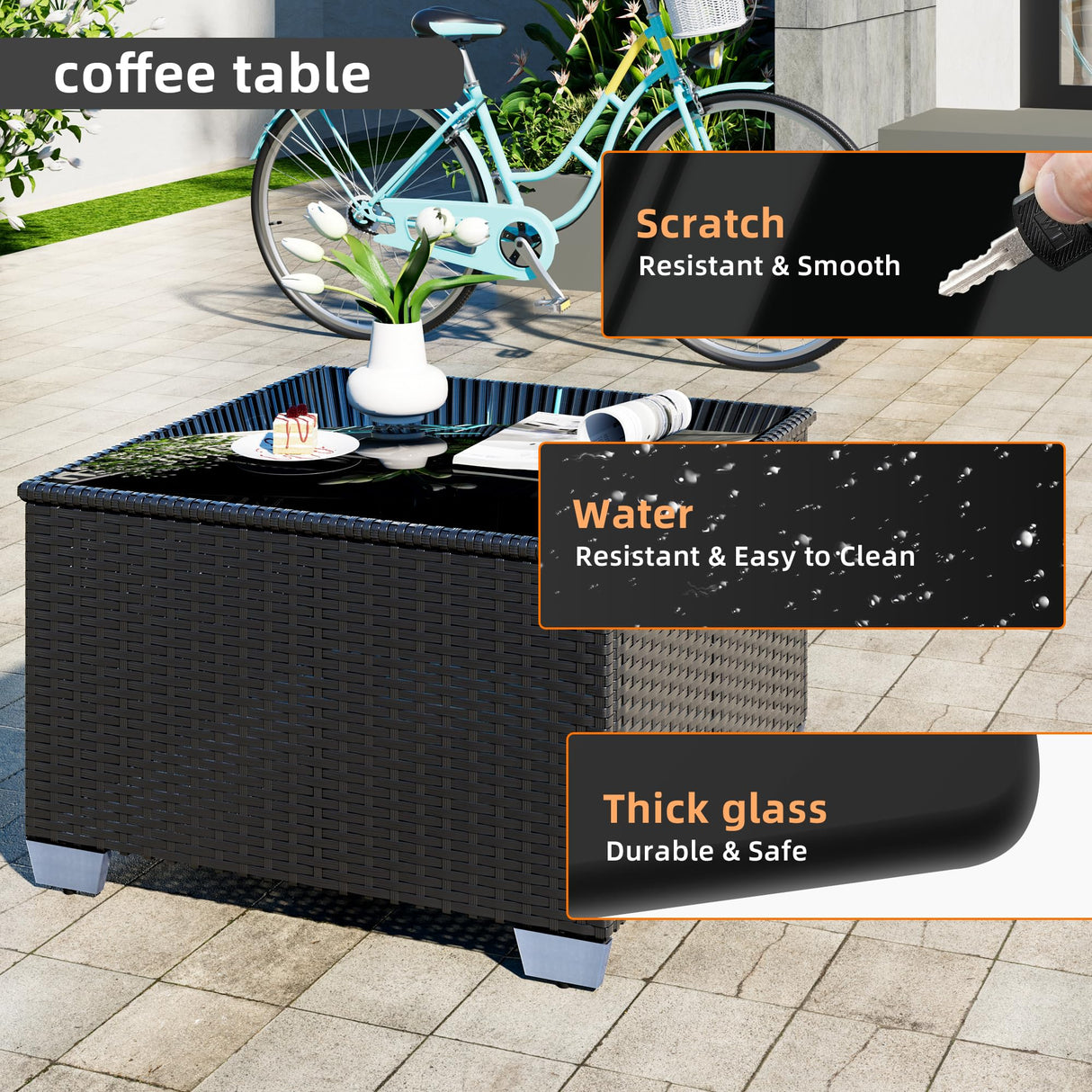 8-Piece Outdoor Patio Sectional Sofa Set with Fire Pit Table – PE Wicker Rattan Modular Conversation Furniture, Cushions & Clips Included – Patio Couch for Porch, Backyard, Poolside, Garden ELEGIBLISS