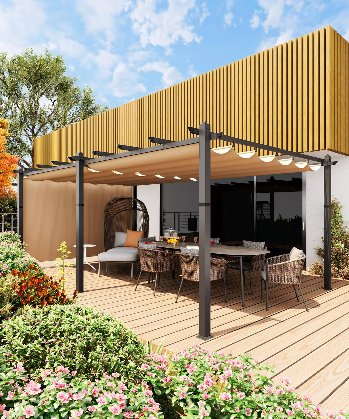 KYBOLT 12x20 Ft Modern Aluminum Pergola, Outdoor Pergola with Adjustable Canopy, Stable 4-Sided Base, Aluminum Gazebos for Backyard, Deck, Lawn - Khaki KYBOLT