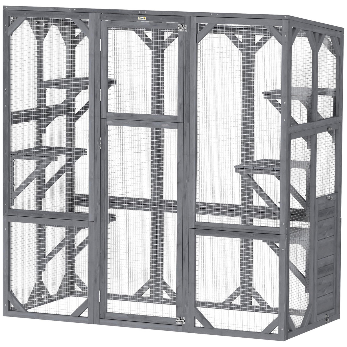 PawHut Catio Outdoor Cat Enclosure, Large Wooden Cat House with 6 Jumping Platforms, Weatherproof Roof, Outdoor Cat Cage Cat Shelter for 1-3 Cats, 59" x 28" x 60", Gray PawHut